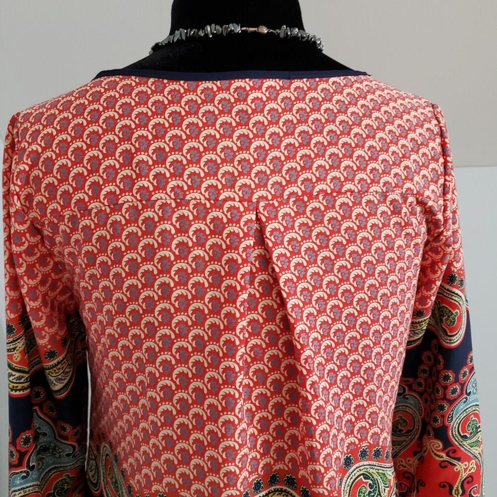 Split Neck 3/4 Sleeve Pullover Tangerine Paisley Tunic Top by Miami Medium - Picture 7 of 12